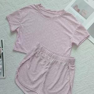 Nữ Màu Trơn Thoáng Khí Tay Ngắn Bộ Đồ Ngủ Mặc Cổ Tròn Hai Mảnh Mặc Ở Nhà Mùa Hè Thoải Mái Gợi Cảm Quần Short Pyjama