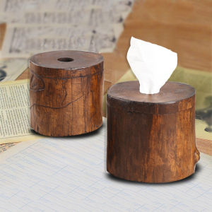 Natural Wood Pile Round Tissue Box Lid - Eco Friendly Pull Square Box Dispenser - Decorative Holder/Organizer for Bathroom Desk and Car