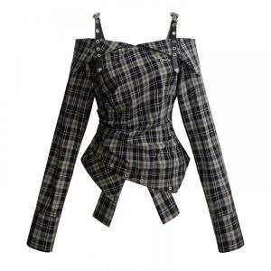 unifree | Áo Blouse Đen Trắng Kẻ Cà Rốt Ôm Body Phong Cách Mỹ