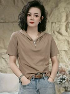 Womens Summer New Fashion Simple Solid Color Zipper Casual Short Sleeve Slimming Hoodie T-shirt Korean Style Loose Fit Cotton