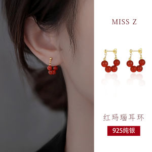Miss Z 925 Sterling Silver and Red Agate Stud Earrings New 2024 Trendy Light Luxury Vintage Air Quality Ear Jewelry for Women
