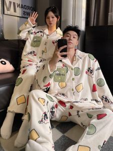 Couples Thickened Fleece Coral Velvet Pajamas Cartoon Pencil XiaoXin Mens Flannel Home Clothes Set Winter Warm Sleepwear