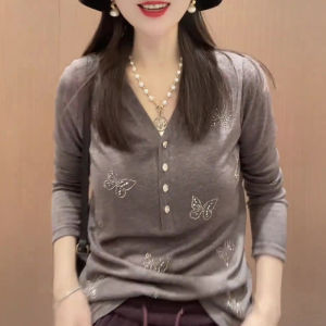 UYFY | เสื้อสเวตเตอร์ถักสีเทาผีเสื้อไซส์ใหญ่ดีไซน์เก๋ไก๋สำหรับผู้หญิงในฤดูใบไม้ร่วงปี 2025 เสื้อคลุมยาวถึงข้อศอกคอวีแขนยาว