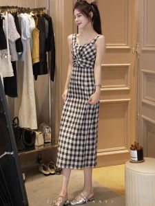 Zhang Yuan Same Style Womens Summer Adult Lady like Woman Wind Retro Waist-Controlled Slim Looking Gingham Sling Dress Female Temperament Long Dress