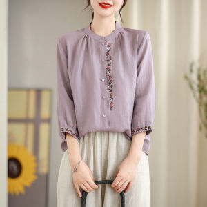 Áo Sơ Mi Vải Lanh Cotton Mùa Hè Mới Rộng Rãi Thêu Dáng Chữ a Cổ Tròn Nhiều Nút Tay Dài Chín Điểm Đa Năng