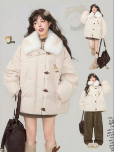 KEIKO | Áo Khoác Nỉ Ấm Áp Phong Cách Retro Có Cổ Lông Giả Tháo Rời Được