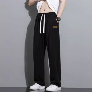 Ice Silk Mens Straight Leg Loose Fit Casual Pants Quick Dry Straight Tube Long Trousers Youth Active Style Polyester Fiber