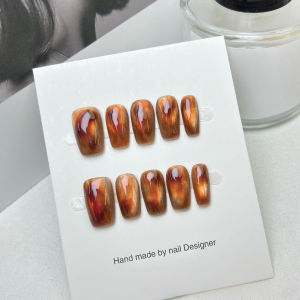 10pcs/bag Autumn Amber Brown Color Gold Foil Chrome Handmade Press On Nails L/M/S Size Medium Square Detachable False Nails