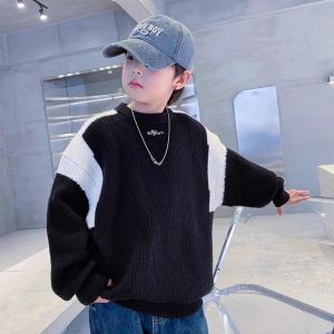 เสื้อสเวตเตอร์ถักหนาสำหรับเด็กชาย สีแดง คอกลม แขนยาว ฤดูใบไม้ร่วง/ฤดูหนาว เสื้อผ้าเด็ก แฟชั่นสำหรับเด็กชาย เสื้อผ้าเด็ก