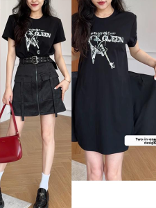 Shalldoer | American Retro Print Short Sleeve Dress Womens Summer New High Waist A-Line Skirt Fake Two-Piece Casual Style Medium Thickness