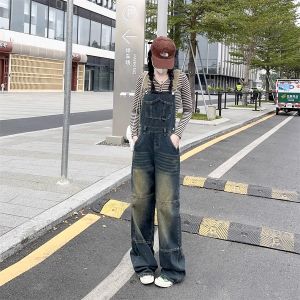Retro American Gradient Denim Overalls Womens Loose Slim Straight Wide Leg Long Pants High Waist Spring New Style