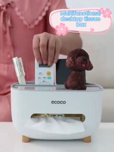 Ecoco Tissue Box with Phone Holder Desktop Organizer Tissue Paper Towel Holder Box Dispenser for Living Room