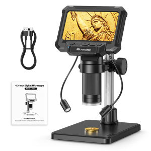 Digital Microscope with 4.3inch IPS Screen 1600X Coin Mirroscope with Lights 1920P HD Video Microscope for PCB Coins Plants