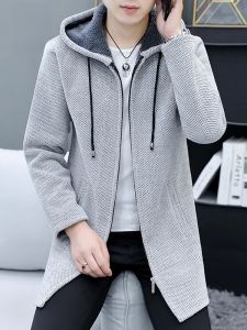 ROMON | Lormen Mens Lamb Velvet Jacket Mid-Length Thickened Knitted Hooded Open Cardigan Sweater For Autumn And Winter Casual Wear