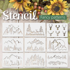 12PCS A4 8.2×11.7inch Mountain Forest Deer Stencil Set Reusable Painting Templates for DIY Wall Wood Fabric Tote Bag Paper Journ
