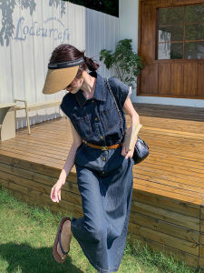 Blue French Style Denim Shirt Dress Women Summer Thin High Waist A-Line Skirt Slimming Casual Short Sleeve High Quality Dress