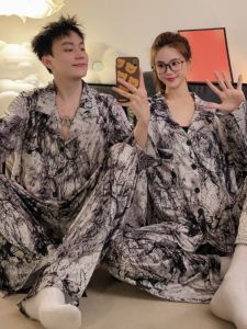 Tagkita ชุดนอนคู่รักขนาดใหญ่ชุดแขนยาวผ้าไหมน้ําแข็งสไตล์บางเสื้อผ้าบ้านพอดีตัวสําหรับฤดูใบไม้ผลิและฤดูใบไม้ร่วง