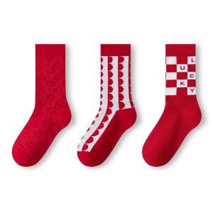 THREEGUN | Antibacterial Mid-Calf Socks For Women Three Packs New Year Lucky Year Slip Resistant Cotton Polyester Blend Comfortable Socks