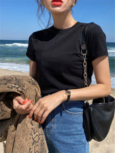 Black Pure Cotton Short Sleeve T-Shirt Womens round Neck Base Shirt Thin Summer Inner Wear Solid Color Slim Fit Top