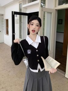 Chic Plaid Midi Skirt And Top Set College Style Design Sense Splicing Short Shirt Womens Fashion Ensemble Long Sleeve Polo Collar