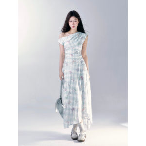 Summer Elegant Small Wild Berries Floral Shoulder Bared Dress Womens High Waist A-Line Long Skirt Korean Style Commute