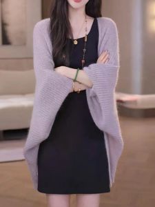 plus Size Lazy Style Loose Long Sleeve Knitted Sweater Coat Womens Outerwear Autumn Belly Covering Mid-Length Top