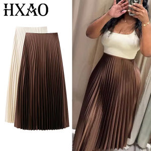 HXAO Womens Pleated Skirt Summer Brown Ruffle Skirt Cylinder Pleats Mid Waist Midi Skirt Fashion Elegant Women Long Skirt 2025