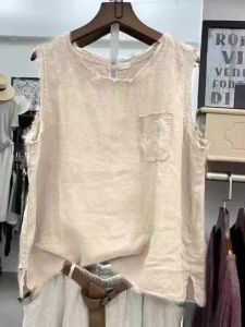 Plus Size Ladies Extra Large Size Summer Frayed Vest Womens Pure Cotton and Linen Thin Loose Belly-Covering Zen Linen Sleeveless Tops