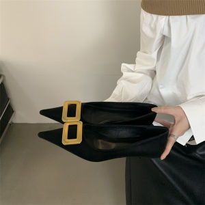 French Pointed Toe Thin Heel Single Shoes Womens New 2025 Spring Metal Buckle Elegance Lady Evening Commute Small Leather Shoes