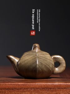 Natural Golden Silk Camphor Wood Yin Cheng Wood Six-Direction Smooth Pot Handle Tea Pet Cultural Plaything Elegant Ancient