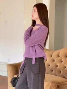 MIUCO | Áo Sweater Tím Trắng Sáng Chói Thiết Kế Voan Ren Thông Khí