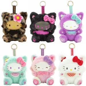 Bandai | New Cartoon Sanrio Kawaii Hello Kitty Leopard Print Costume Hoodie Series Kitty Plush Doll Bag Charm KeyChain Girl Birthday Gift