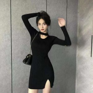 Spring Summer 2024 New Style Little Fragrance Wind High Waist Slim Fit Midi Dress Princesse Style Polyester Long Sleeve Short Skirt