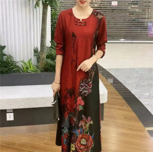 Ladieswear Autumn Clothing Dress Long Sleeves Fashionable New Spring and Autumn Skirt Long below the Knee Noble plus Size Middle-Aged and Elderly Womens Clothing