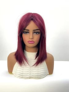 EASIHAIR | Short Bob Layered Synthetic Wigs Burgundy Wine Red Wig With Medium Part Bangs Cosplay Party Wig for Women Daily Heat Resistant