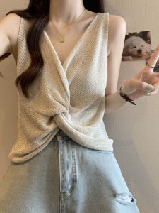 plus Size Womens Summer New V-Neck Backless Linen Knitted Top Strap Vest Two-Way Sleeveless Shirt for Plump MM