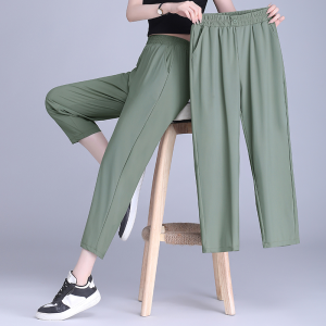 New Summer 2024 Womens High-Waist Wide-Leg Casual Pants Ice Silk Quick-Dry Ankle-Length Trousers Fashionable Streetwear