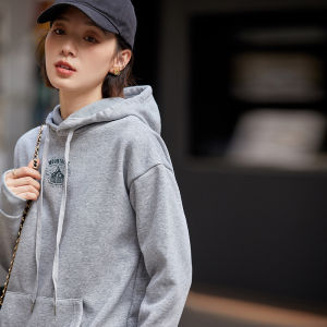 Áo Nỉ Có Mũ Trùm Đầu Màu Xám Cho Nữ Mùa Thu Đông Dài Vừa Phải Có Túi Quần Áo Thể Thao Thường Ngày Cạp Cao Bằng Cotton Polyester