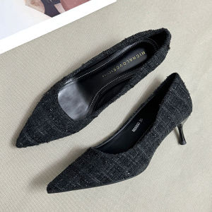 Fashionable Black Silk Slip-On High Heels Womens Spring Autumn New Style Elegantly Versatile Soft Bottom Commute Single Shoes Thin Heel