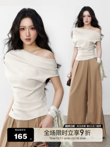 Yuzhi Asymmetric Design Slim Fit T-Shirt Shoulder Bared Summer New Style Casual Comfortable Polyester Fiber Pure Color Shirt