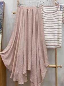 High Waist A-Line Midi Skirt Asymmetrical Cotton Lin Pure Color Pleated Skirt Korean Style Commute Half Body Skirt