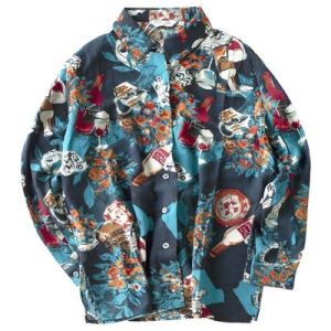 French Paris Style Wine Bottle Shirt Mens Niche Designer Shirt Hong Kong Style Retro Thin Floral Long Sleeves Outwear