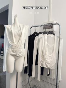 Fashionable Lace Patchwork Cross Neck Design Sensual Detailing Apparels Deeply Teased POPW Long Sleeve Mid-Length Loose Fit