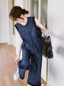 Fashionable Korean Style Thin Denim Sleeveless Top And Wide Leg Pants Two Piece Set for Women Summer New Arrival Gentle Wind