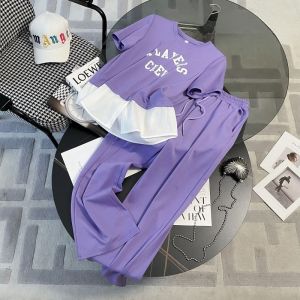 Salt Series Anti-Aging Sportswear Set Womens Summer Letter Splicing Short Sleeve Casual Fashion Wide Leg Pants Two-Piece Set