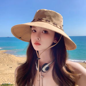 Summer Outdoor Womens Hat Big Brim Sunshade Anti-Uv Cowboy Cap Face Slimming Fisherman Cap Casual Style round Top Cap