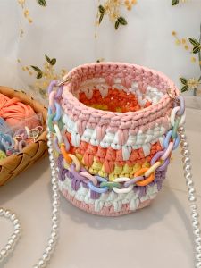 กระเป๋าถือผ้าถักแฮนด์เมด DIY ของขวัญสำหรับเพื่อนรักและแฟนสาว กระเป๋าถือทรงกลมสไตล์หวานๆ สำหรับผู้หญิง