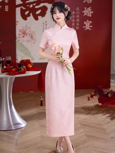 Elegant Chinese Style Floral Embroidery Pink Cheongsam Dress Celebration Wedding Dress Womens Short Sleeve Midi Dress
