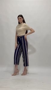 MINEOLA Celana Kulot Wanita Panjang Motif Salur Cream/Putih Bahan Impor - Navy (All Size)