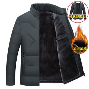 Mens Thickened Fleece Lined Cotton Jacket Winter Warm Outerwear Dad Coat Stylish Urban Fashion Casual Long Sleeve Zipper Closure